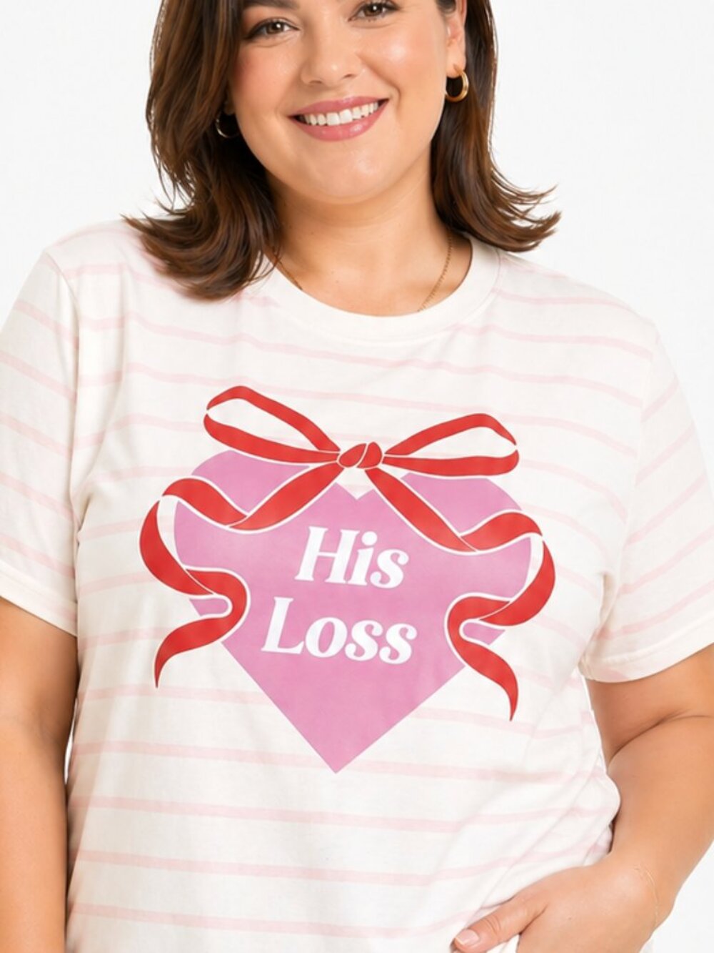 Large Womens Pink Striped “His Loss” Heart Bow Graphic T-Shirt Short Sleeve